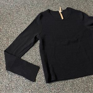 Modest Black Horizontal Stripe Ribbed Round-Neck Long-Sleeve Stretch Shirt Top